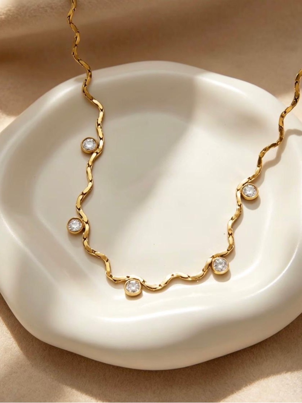 Gold Crystal Wave Chain Necklace - Jewelry